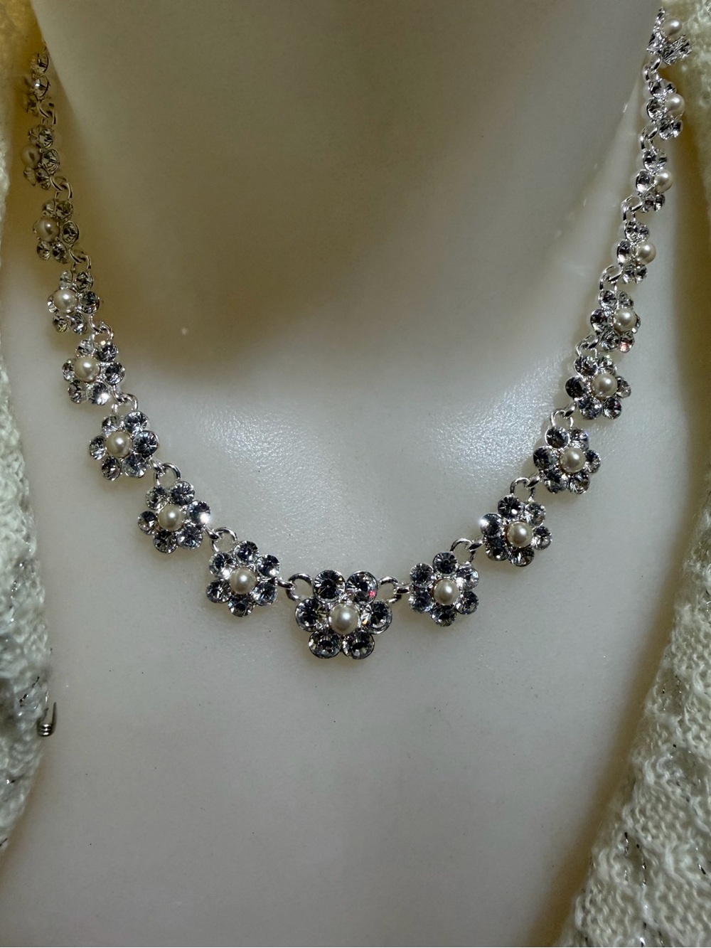 Vintage Monet Signature Silver Floral Crystal And Pearl Choker Necklace.
